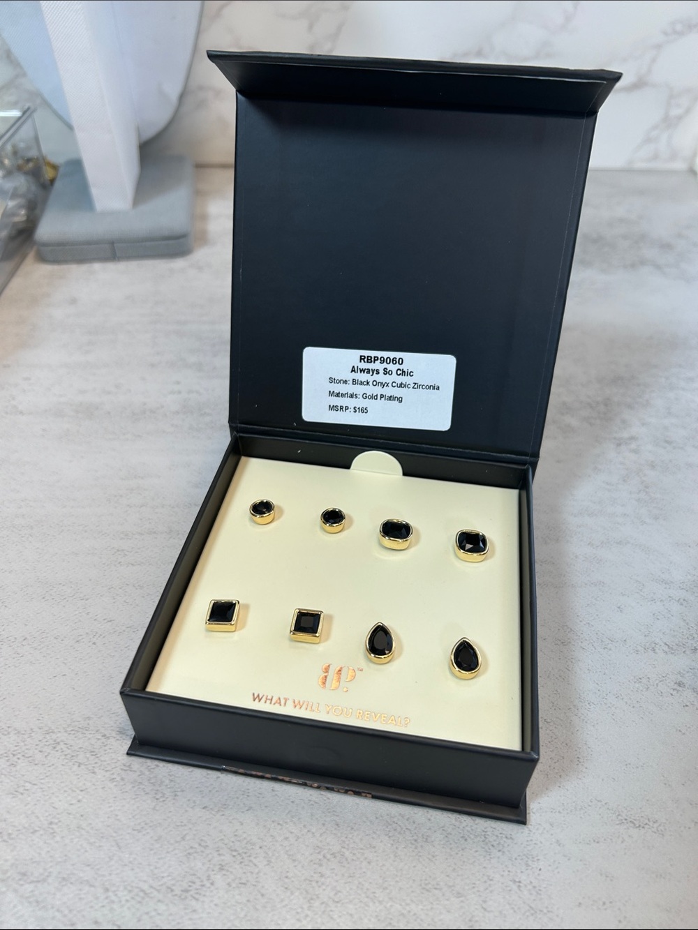 Always So Chic Black Stone Gold-Plated Stud Earring Set for Women